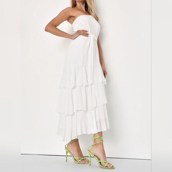 Lulus Slice Of Sunshine White One-Shoulder Asymmetrical Tiered Midi Dress, SMALL - Picture 5 of 11